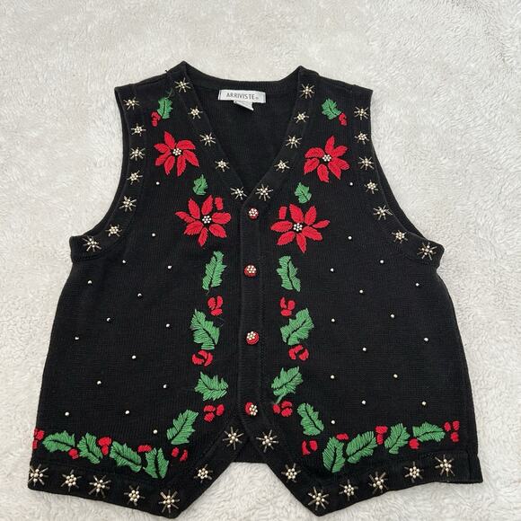 Arrivste Sweaters - Arrivste Christmas Sweater Vest Women’s Mediu Black Cottagecore Grannycore Holly